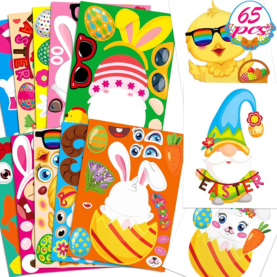 65Sheets Easter Stickers Crafts for Kids - Make-a-Bunny/Egg/Gnome/Sheep Games, Basket Stuffers Gifts Activities Party Favors Supplies (Small Size)