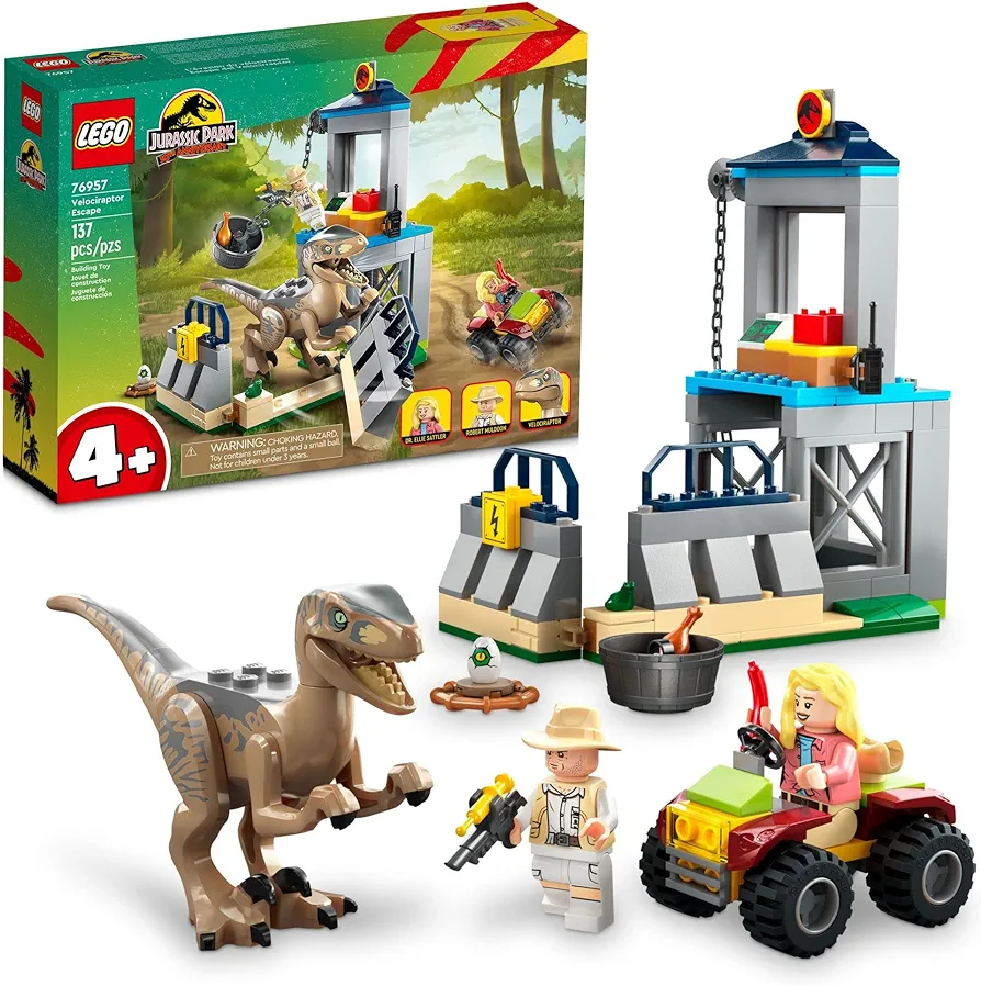 LEGO Jurassic Park Velociraptor Escape 76957 Learn to Build Dinosaur Toy for boys and girls; Gift for Kids Aged 4 and Up Featuring a Buildable Dinosaur Pen, Off-Roader Vehicle and 2 Minifigures