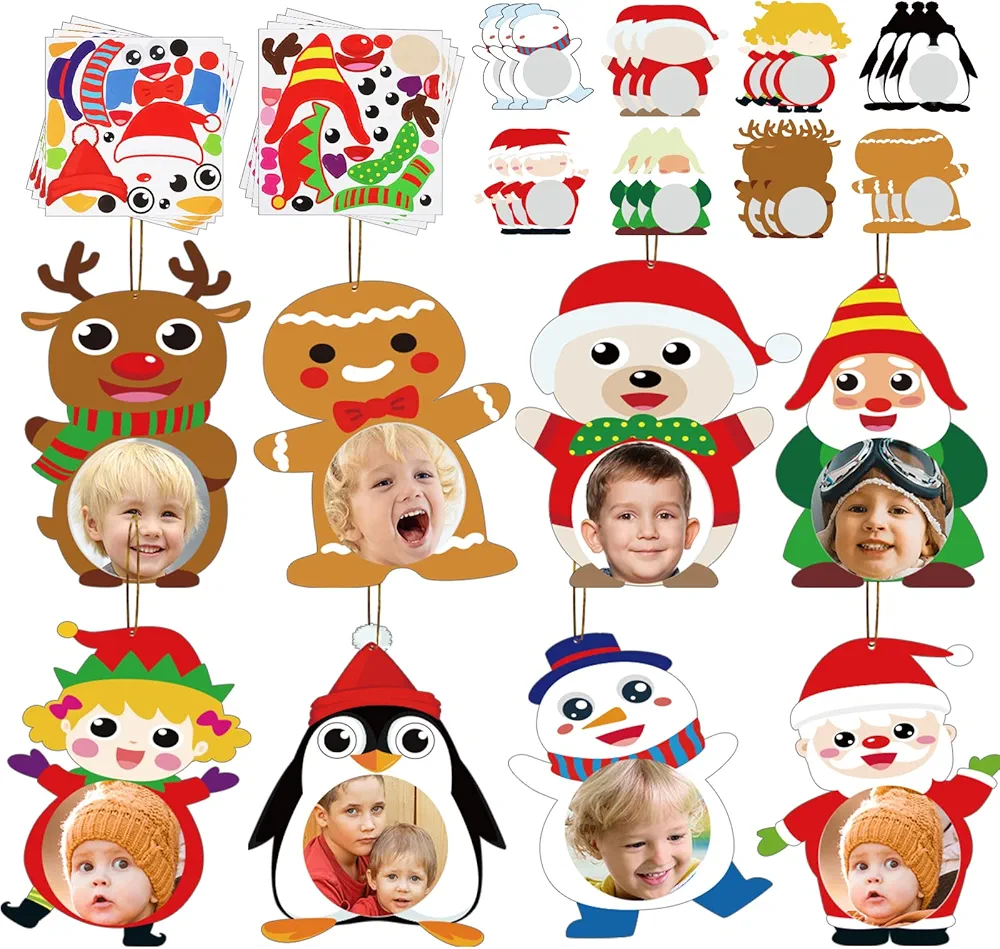 chiazllta 32pcs Christmas Character Picture Frame Ornament Craft Kits Christmas Hanging Ornament Photo Frame Decorations DIY Arts and Craft Bulk Kit Holiday Supplies for Fun Home Activities