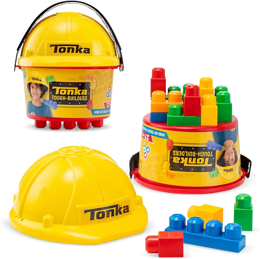 Tonka Tough Builders, Hard Hat, building block and bucket playset– Made with Sturdy Plastic, Boys and Girls, toddlers ages 3+, block playsets, toddlers, birthday gift, Christmas, holiday