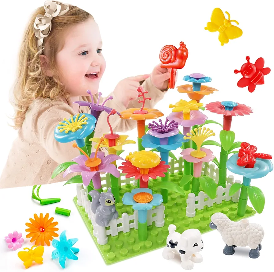 PREPOP Flower Building Toys Set for Toddler Girls - Birthday Gifts and Fine Motor Skills Toys for Kids Age 3 4 5 6 yr, STEM Crafts and Build a Garden with Insects and Animals