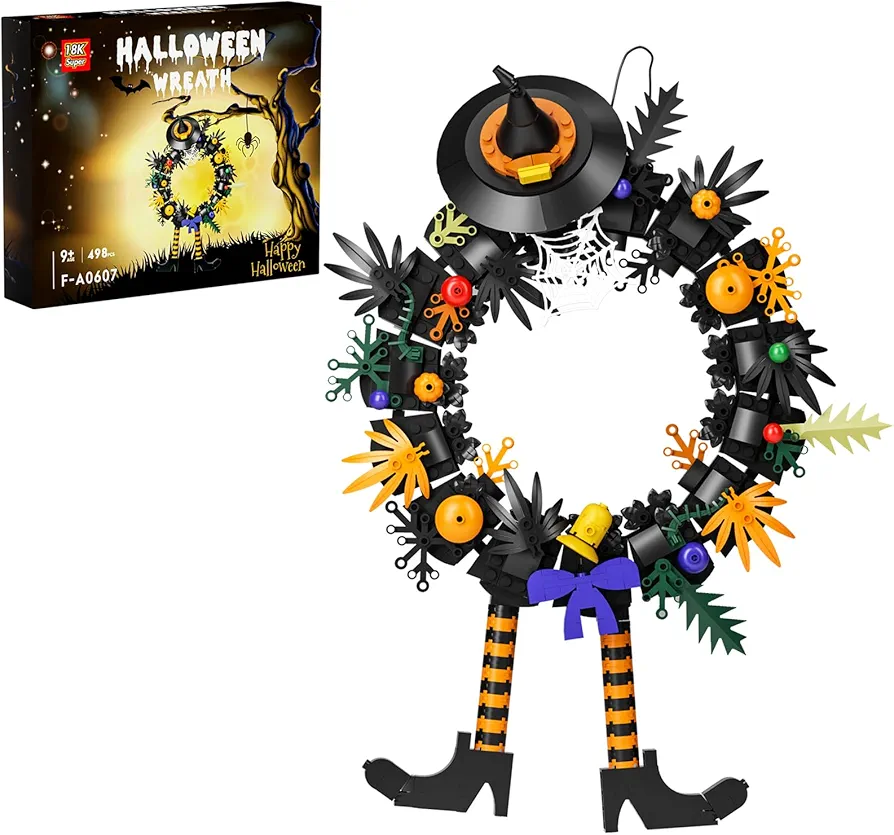 Taojiyuan Halloween Wreath Décor Building Kit with Witch Hat, Legs Wreath,Pumpkin and Spider Web,Witch Ghost Toys Ornaments Easter for Front Door and Wall(498pcs)