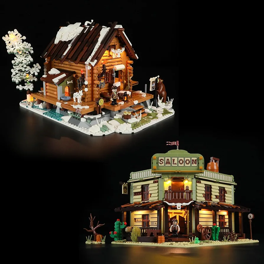 FUNWHOLE Lighting Building Bricks Set Hunting Cabin and Western-Saloon