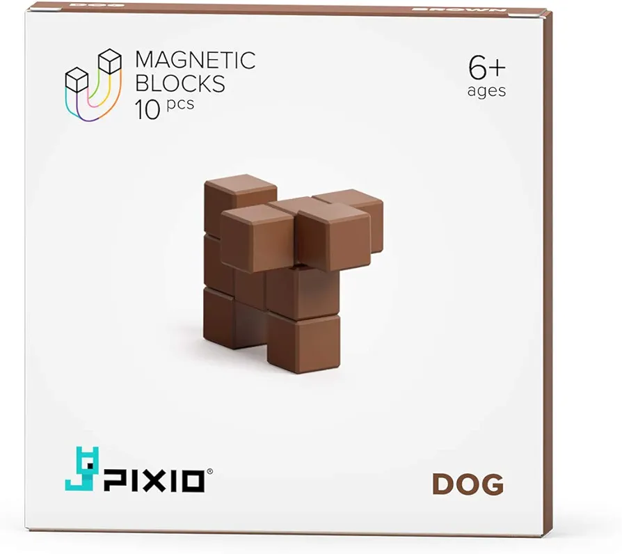 PIXIO Brown Dog Color Series Magnetic Blocks Construction Set 10pcs with Free App, Stress Relief Building Blocks, Fidget Toys, Pixel Art Desk Toy, Animals Figures