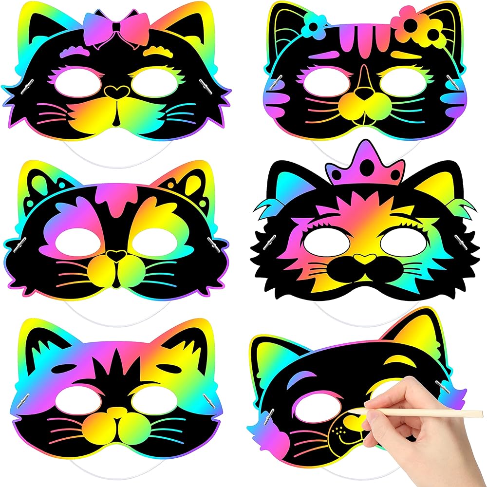 WATINC 24Pcs Cats DIY Scratch Masks, Animal Scratch Paper Mask Art Set for Kids Birthday Party Favors, Halloween Painting Craft Kits Cat Dress Up Costumes Coloring Activity for Boys Girls