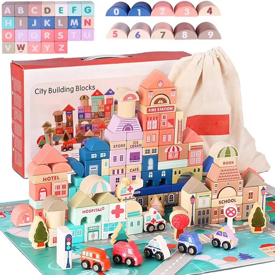 115 Pcs Wooden City Building Blocks Set, Colorful Stacking Preschool Educational Toys for Toddlers Boys Girls Gifts with 20 Pcs Floor Jigsaw Puzzle and Storage Bag (City Building Toy Set)