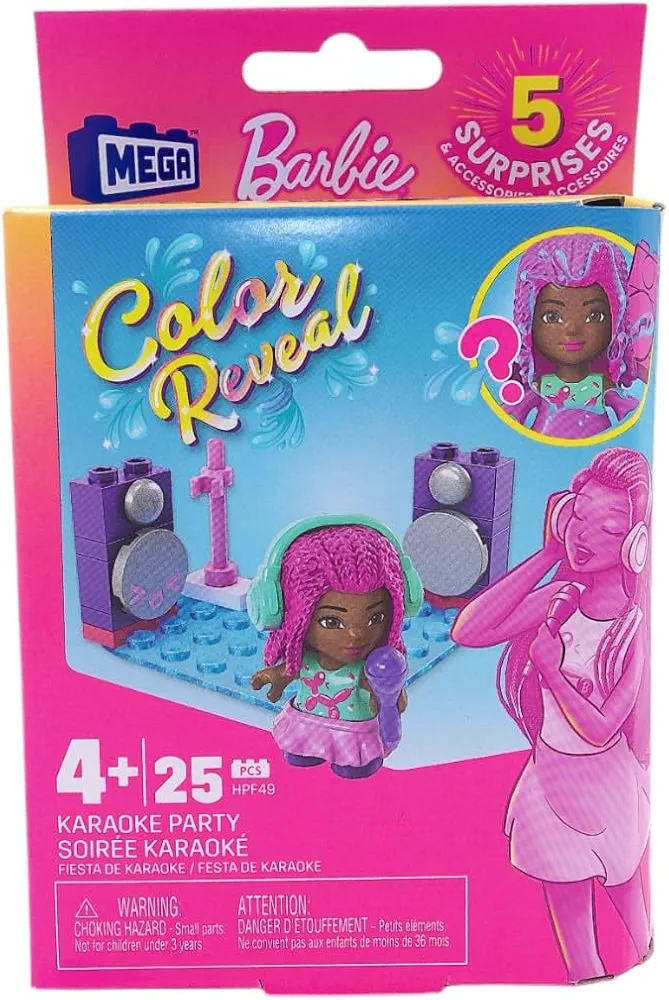 Mega Barbie Toy Building Set Color Reveal, Karaoke Party with 1 Barbie Micro-Doll and Accessories, Easy to Build Set for Ages 4 and Up.