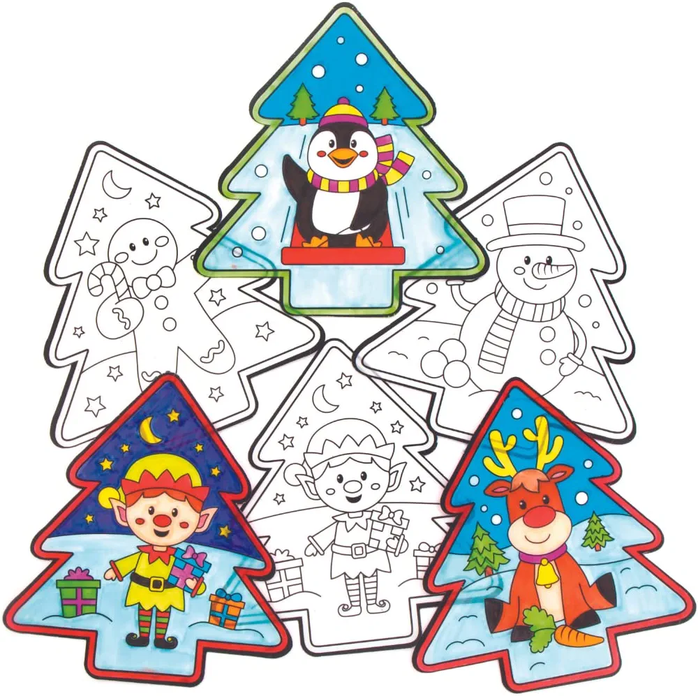 Baker Ross AX491 Christmas Color-in Window Decorations - Pack of 12, Unisex Hanging Decoration, Perfect for Xmas Kids Arts & Crafts Projects