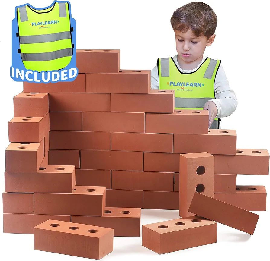 Playlearn 50pc Foam Brick Building Blocks for Kids- Children’s Reflective Worker Vest and Storage Bag Included - Actual Brick Size – Lightweight, Soft Building Blocks - Fake Brick Blocks