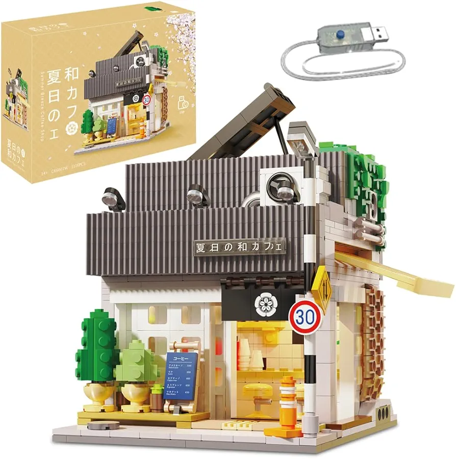 MISINI C66007W Summer Japanese Coffee Shop Modular MOC House Building Kit,CADA Master 1116 Pieces Street View Bricks with Lighting Sets, Building Toys for Adults and Teens