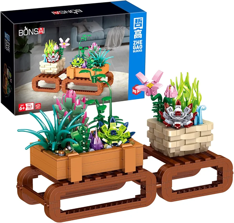 QARULUS Bonsai Tree Friends Sets Succulent Building Blocks Toy Adults Botanical Collection DIY Flower Bouquet Building Sets Anniversaries New Year Birthday Gift Home or Office Plant Decor(Bonsai)