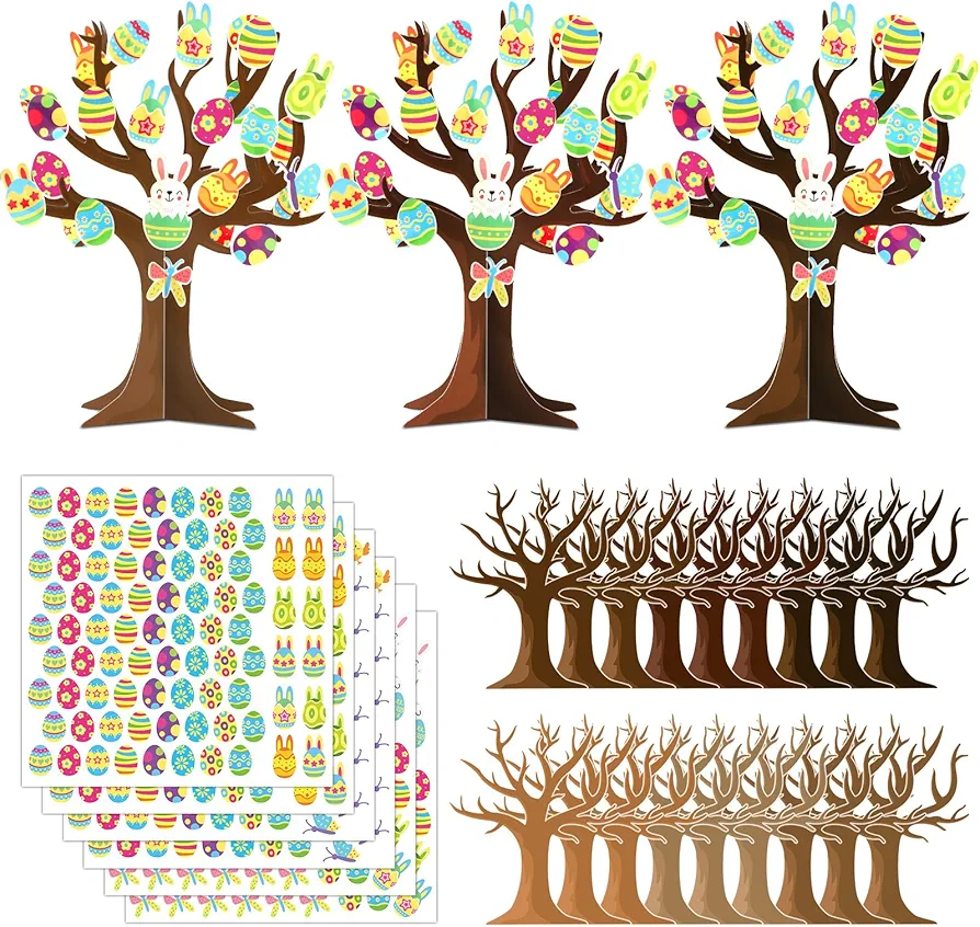 Qyeahkj 30 Sets Easter Tree Craft Kit for Kids Make Your Spring Tree Art 3D Craft with Easter Bunny Colorful Eggs Stickers DIY Art Project Gift for Home Classroom Activity Easter Party Supplies