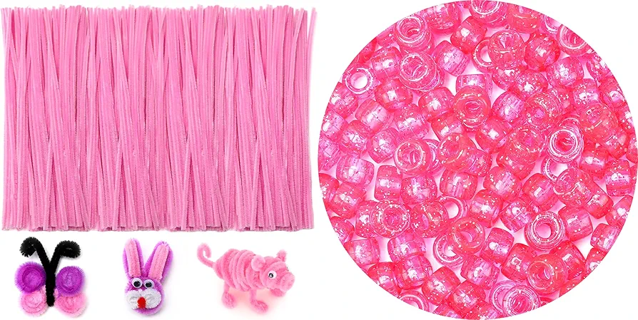 200 Pink Pipe Cleaners+1000 Pink Pony Beads Bundle, Pony Beads, Pipe Cleaners, Arts and Crafts, Jewelry Making.