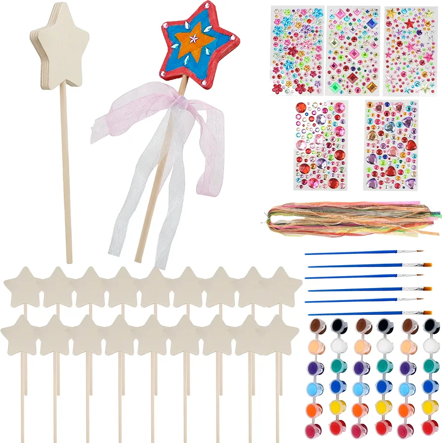 57 Pcs Make Your Own Wooden Princess Wand DIY Fairy Wands Kit Include 20 Pcs 3D Wooden Star Wands 5 Gem Stickers 20 Ribbons 12 Painting Props for Painting Crafts Birthday Party Supplies