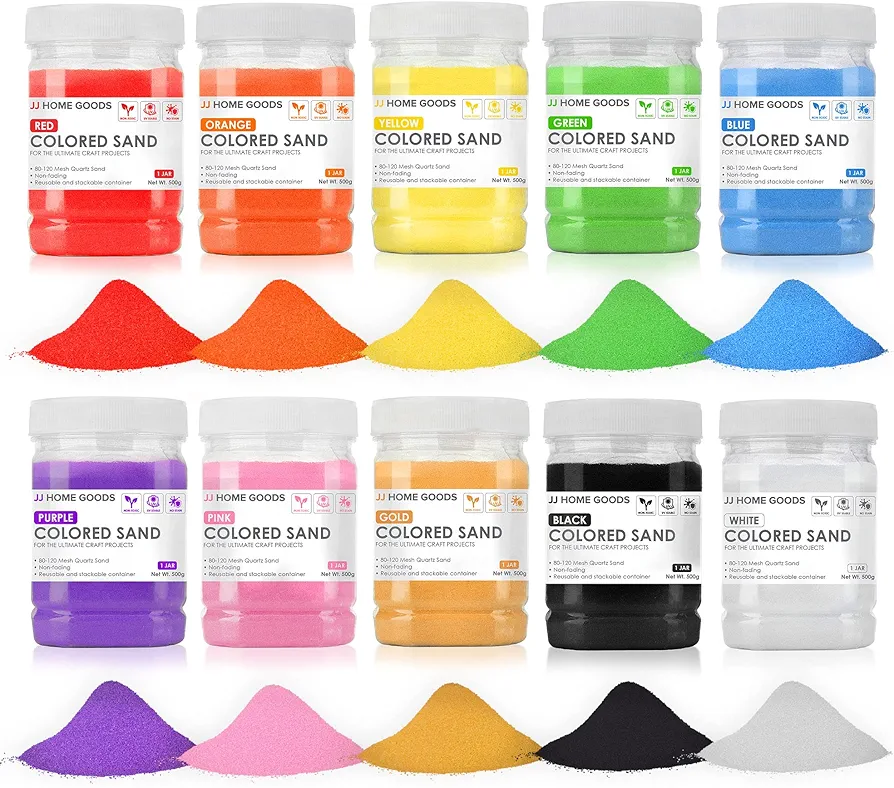 JJ CARE Colored Sand, 11 lbs. [10 Bottles] Craft Sand Art Kit for Kids 3 Years Above, Non-Toxic Color Sand Art Bulk, UV Stable Colorful Sand for Crafts, Wedding & Decorations, Kids Art Sand