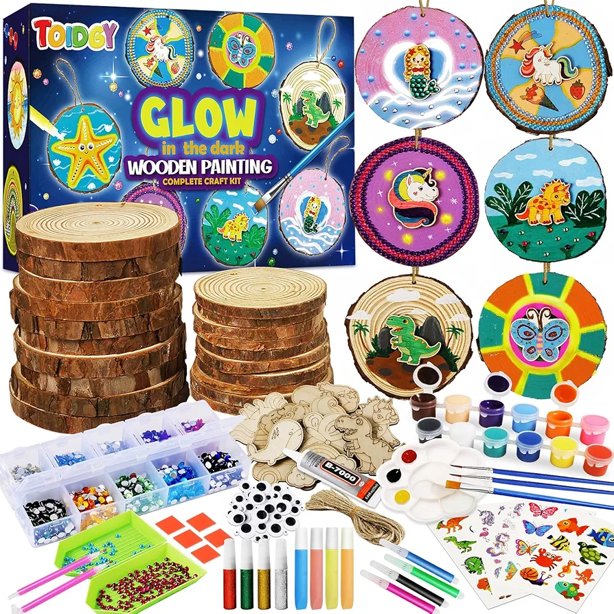 Wooden Painting Kit-Glow in The Dark, Arts and Crafts for Kids Ages 8-12, Craft Gifts for Girls Boys with Wood Slices, Craft Kits for Kids Ages 4-8, Craft Supplies Art Projects for Kids 6-8