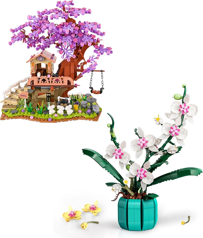 JOJO&Peach Orchid Bonsai Building Set, Artificial Plant Flowers, Cherry Blossom Garden Flower House Model Sets