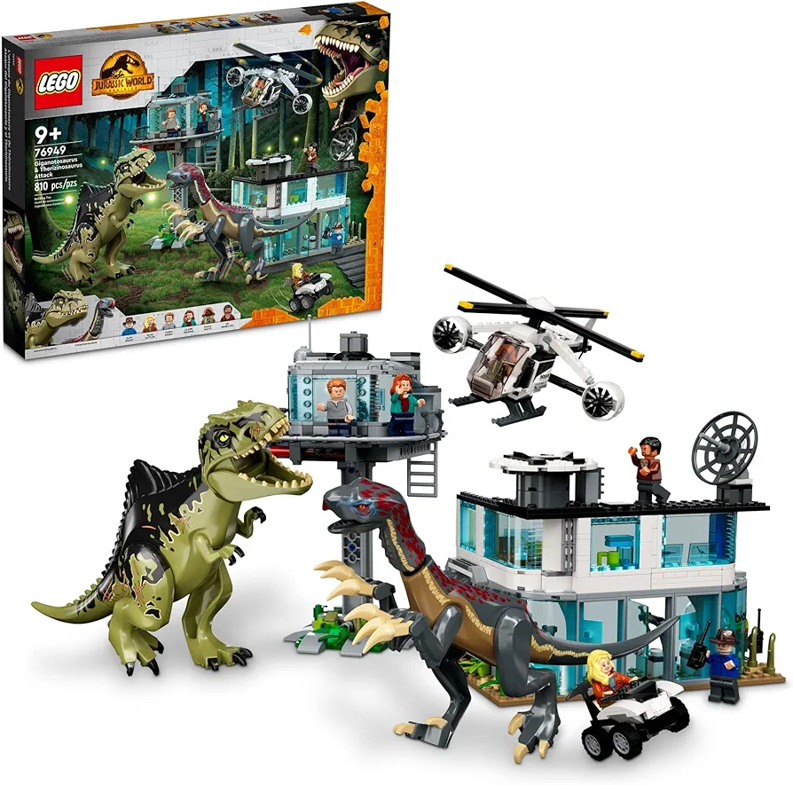 LEGO Jurassic World Giganotosaurus & Therizinosaurus Attack 76949 with 2 Dinosaur Toy Figures, ATV Car, Helicopter & Garage, Gifts for Kids, Boys and Girls