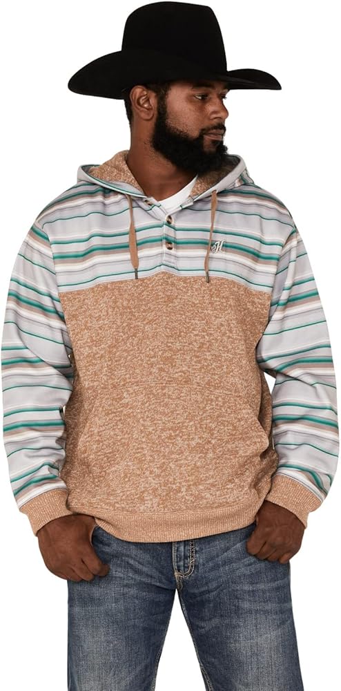 HOOEY Men's Jimmy Multi-Colored Stripe 1/4 Button Hooded Pullover Sweatshirt Tan Small