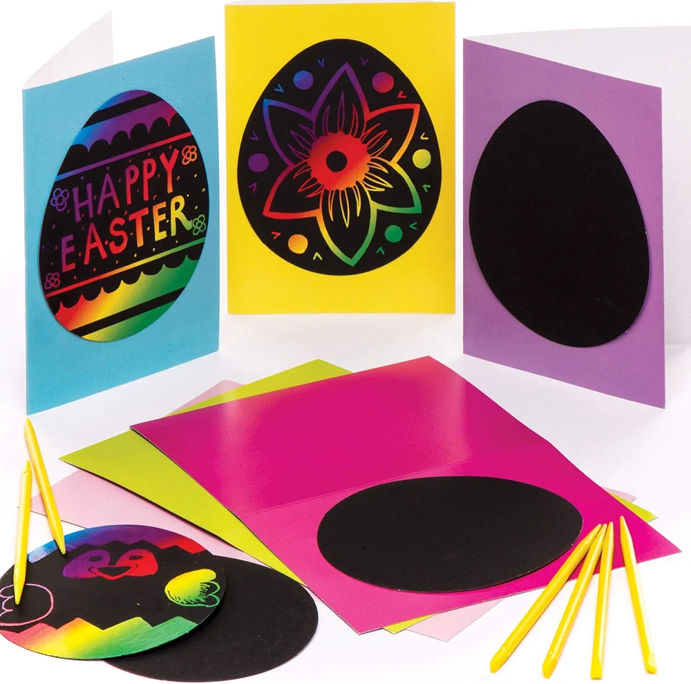 Baker Ross AW189 Easter Egg Scratch Art Cards - Pack of 6, Easter Crafts for Kids to Decorate and Gift