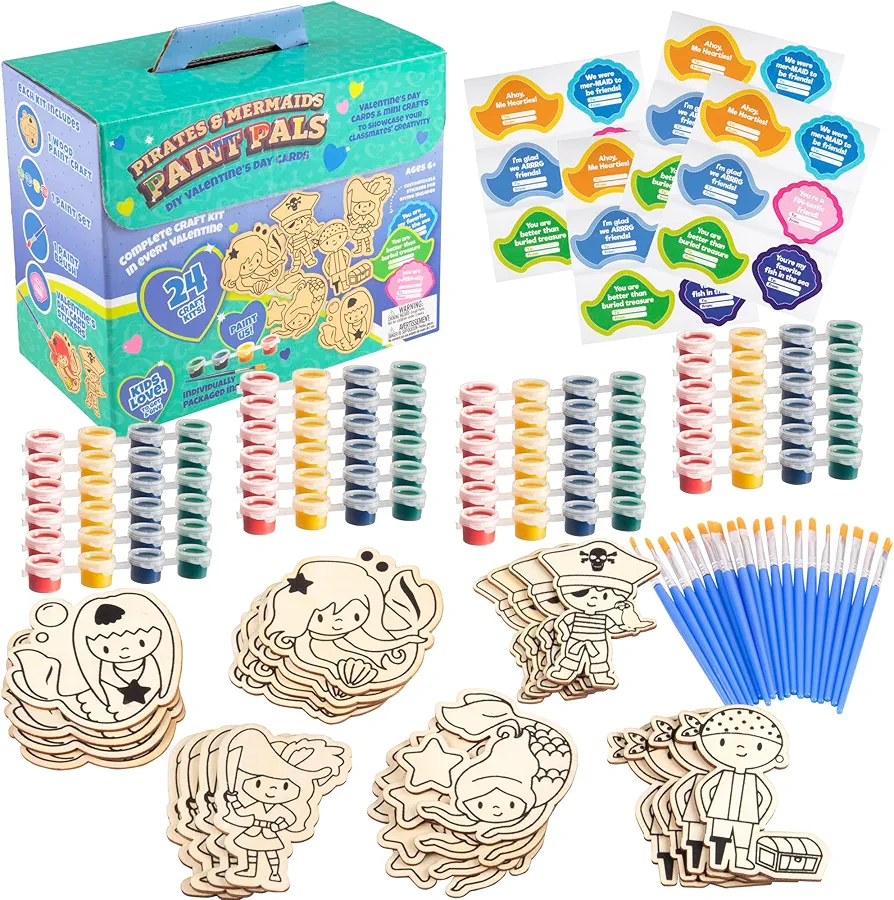 Mermaid & Pirate Wood Painting Kits (24 ct)- Perfect Goodie Bag Party Favors for Kids Birthday Party -Each has a Wood Craft, Paints, Brush & Sticker for Boys & Girls -Kids Multi-Item Party Favor Packs