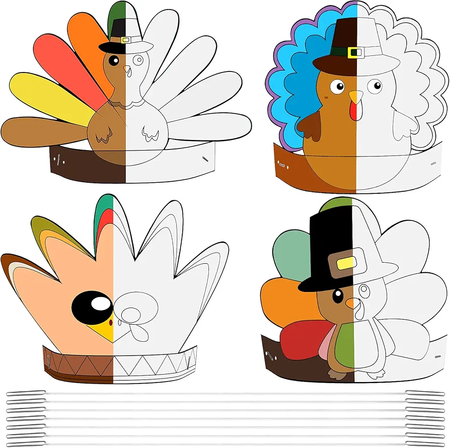 Chinco 40 Pcs Thanksgiving Coloring Headband Thanksgiving Arts and Crafts for Thanksgiving Color Your Own Kids Turkey Crowns DIY Holiday Craft for School Class Activity DIY Party Decoration Supplies