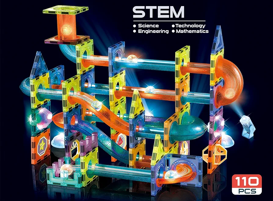 Magnetic Tiles Building Blocks with Marble Run STEM Toys STEAM Toys for Kids Ages 3-10+Year Old Boys Girls Best Christmas Birthday Gift (110 pcs)