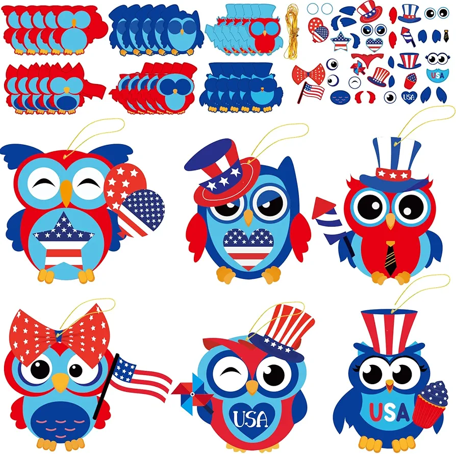 30pcs 4th of July Craft Kits Kids DIY Patriotic Owl Craft Preschool Art Craft Project, Make Your Own USA Flag Owl Bulk Set for Home Classroom Day-Care Game Activities