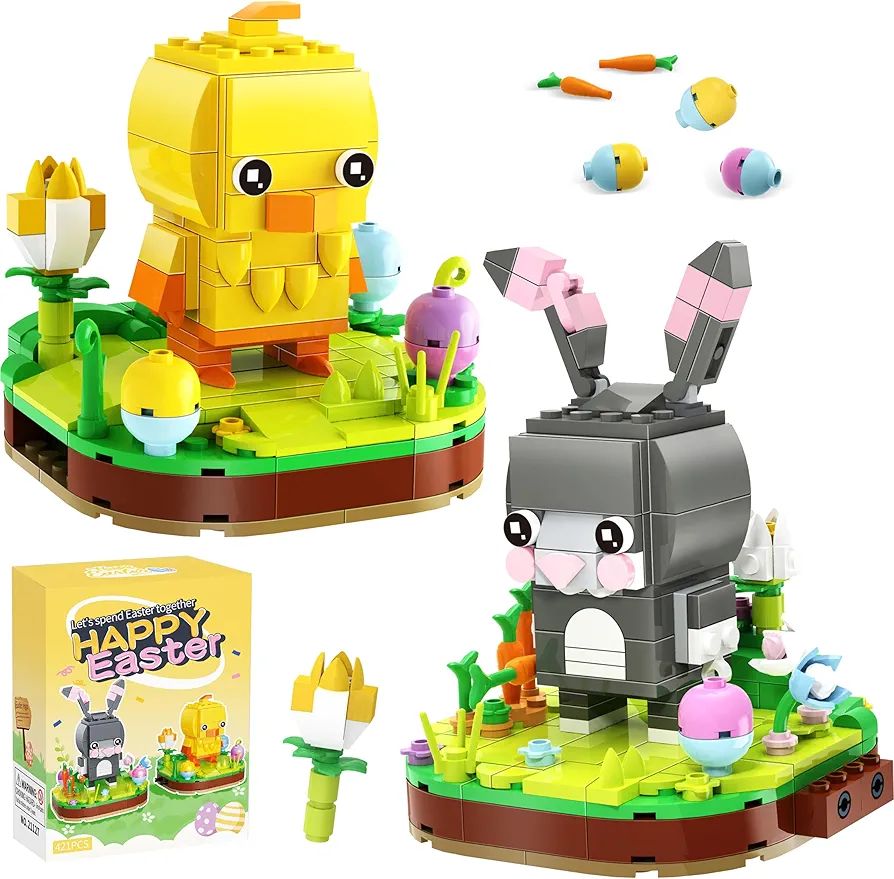 Easter Bunny and Chick Building Blocks, Easter Gifts for Boys Girls, Easter Basket Stuffers Easter Egg Fillers Easter Toys for Kids Age 6+, Easter Chicks Rabbits Building Kit 421PCS