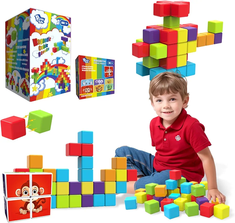 Magnetic Building Blocks & Magnetic Puzzle Toys for Toddlers, Large Building Blocks Cubes 1.65 Inches, Sensory & Montessori Toys for Boys & Girls 1 2 3 Years Old(40pcs)