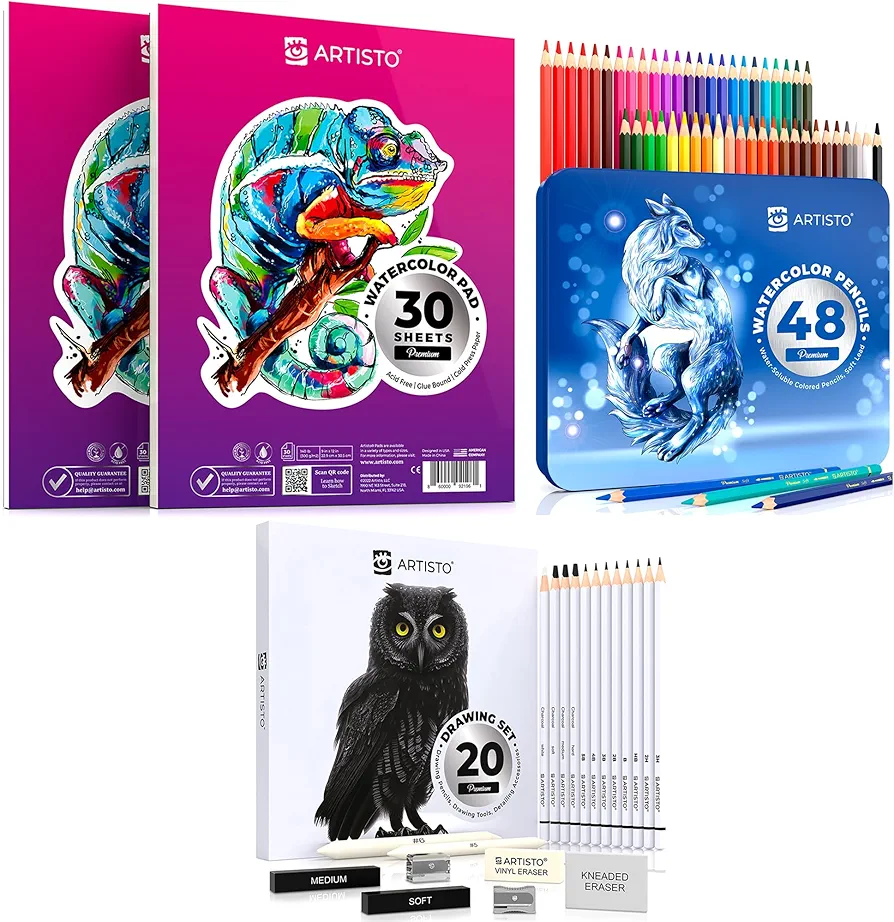 ARTISTO Watercolor Drawing Bundle: Watercolor Pads 9x12", Watercolor Pencils (48 colors) & Sketching Art Set (20 items)