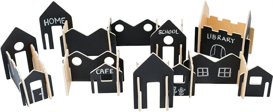 Happy Architect - Create 'N’ Play - Set of 28 - Ages 2+ - Wooden Blocks for Preschoolers and Elementary Aged Kids - Construct Buildings, Towns and Cities - Blackboard Surfaces