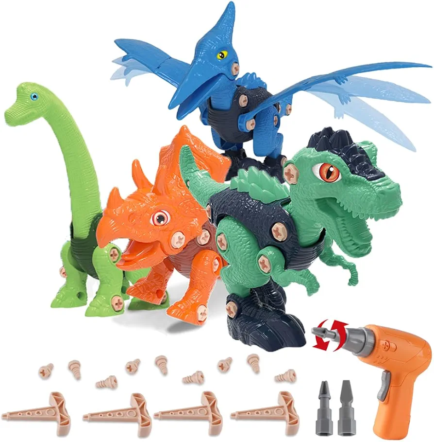 Dinosaur Toys, 4 PCS Take Apart Dinosaur Toys with Electric Drill and Manual Screwdriver STEM Educational Construction Building Toys Dinosaur Gifts for 3, 4, 5, 6, 7 Year Old Kids Boys Girls