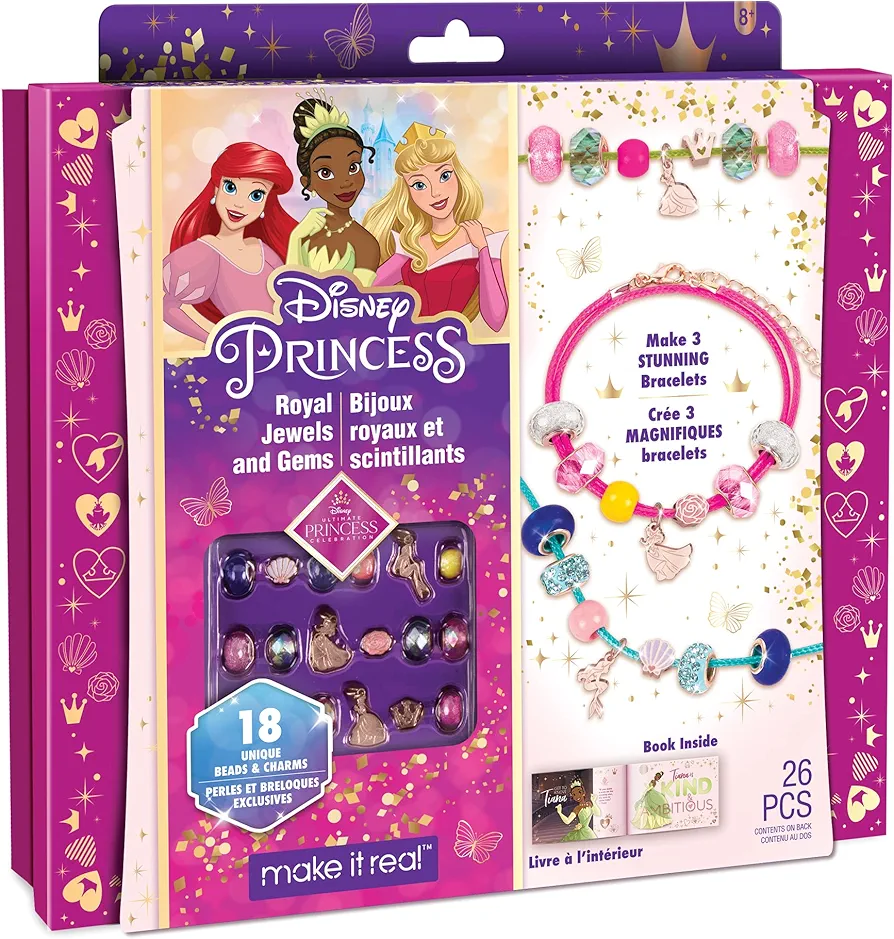 Make It Real - Ultimate Princess Royal Jewels and Gems - DIY Charm Bracelet Making Kit with Disney Princess Charms - Arts & Crafts Bead Kit for Girls & Teens - Makes 3 Bracelets - Ages 8+