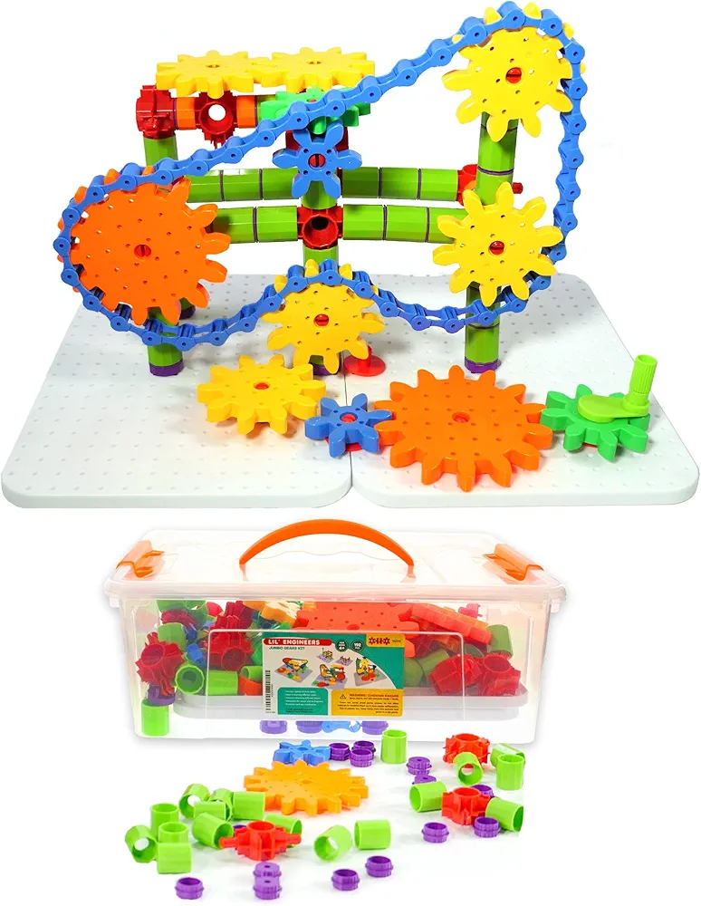 ETI Toys | STEM Learning | 192 Piece Jumbo Gears Set with Resizeable Interlocking Chain, Connector Pieces and 2 Pegboards; Build Endless Designs! Best Gift, Toy for 3, 4, 5 Year Old Boys and Girls.