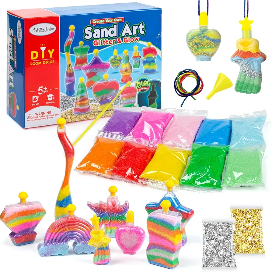 Shindel 36PCS Sand Art Kit, Glitter Sand Kit Rainbow Sand Glow in Dark with Sequins Bottles, Arts and Crafts for Kids, Great Staycation or Group Activity, Sandbox Toys, Summer Activities