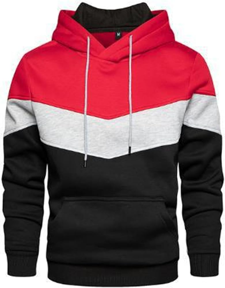 Men's Novelty Color Block Pullover Athletic Workout Hoodie Long Sleeve Casual Sweatshirt Fashion Drawstring Hoody Top