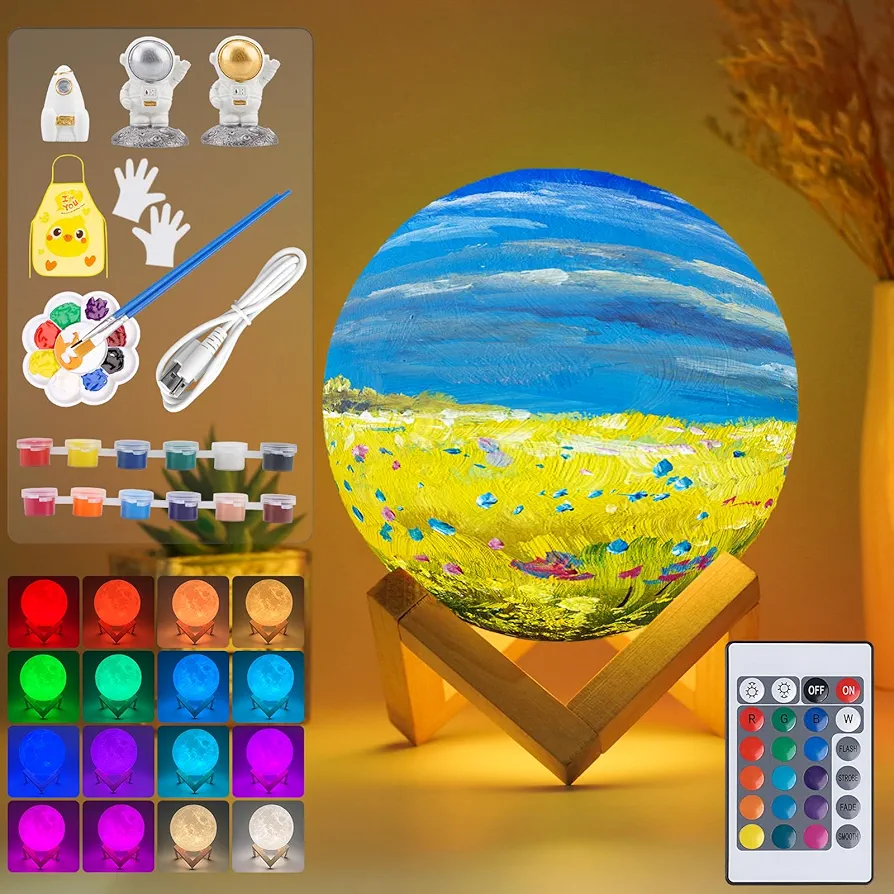 Paint Your Own Moon Lamp Kit, 16 Colors Rechargeable DIY 3D Moon Night Light Arts and Crafts Kit, Art Supplies Birthday Gifts for Kids Girls Boys Teens Ages 5 6 7 8 9 10 11 12 (5.9" 16colors)