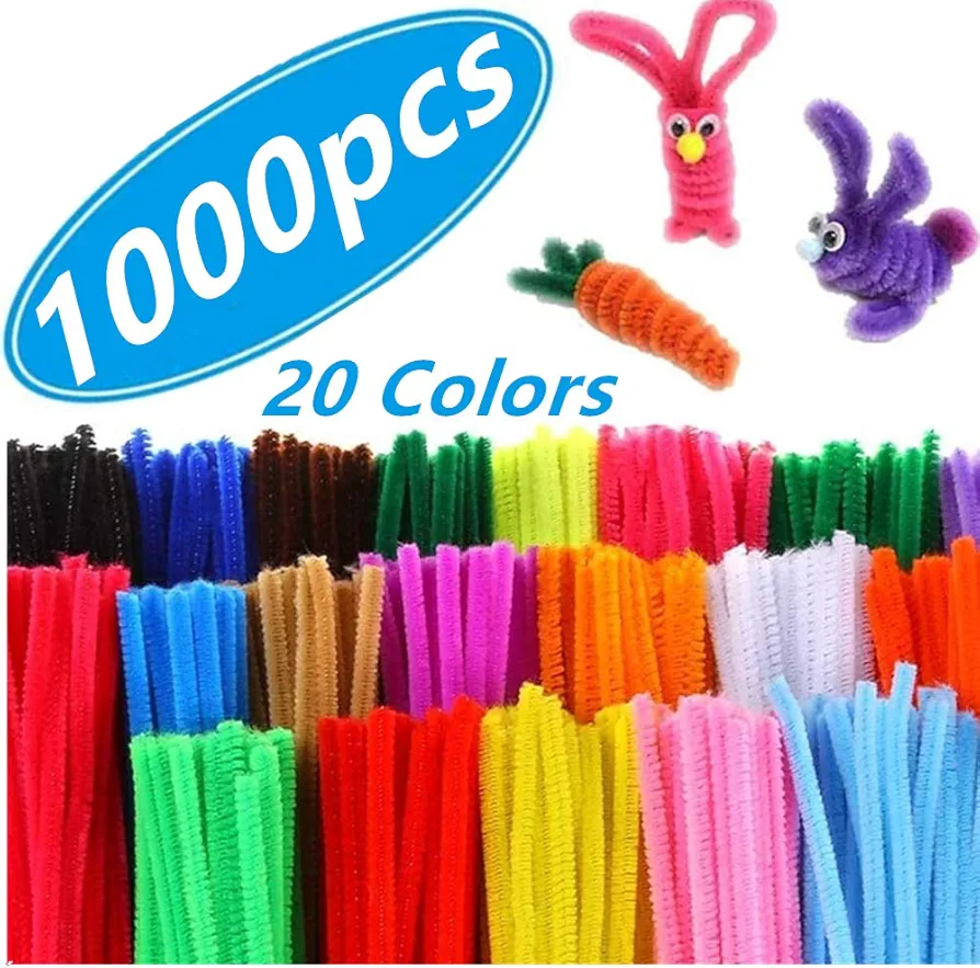 1,000 Pipe Cleaners in 20 Colors Pipe Cleaners Value Pack of Multicolor Chenille Stems for DIY Arts and Craft Projects and Decorations - 6 mm x 12 inch