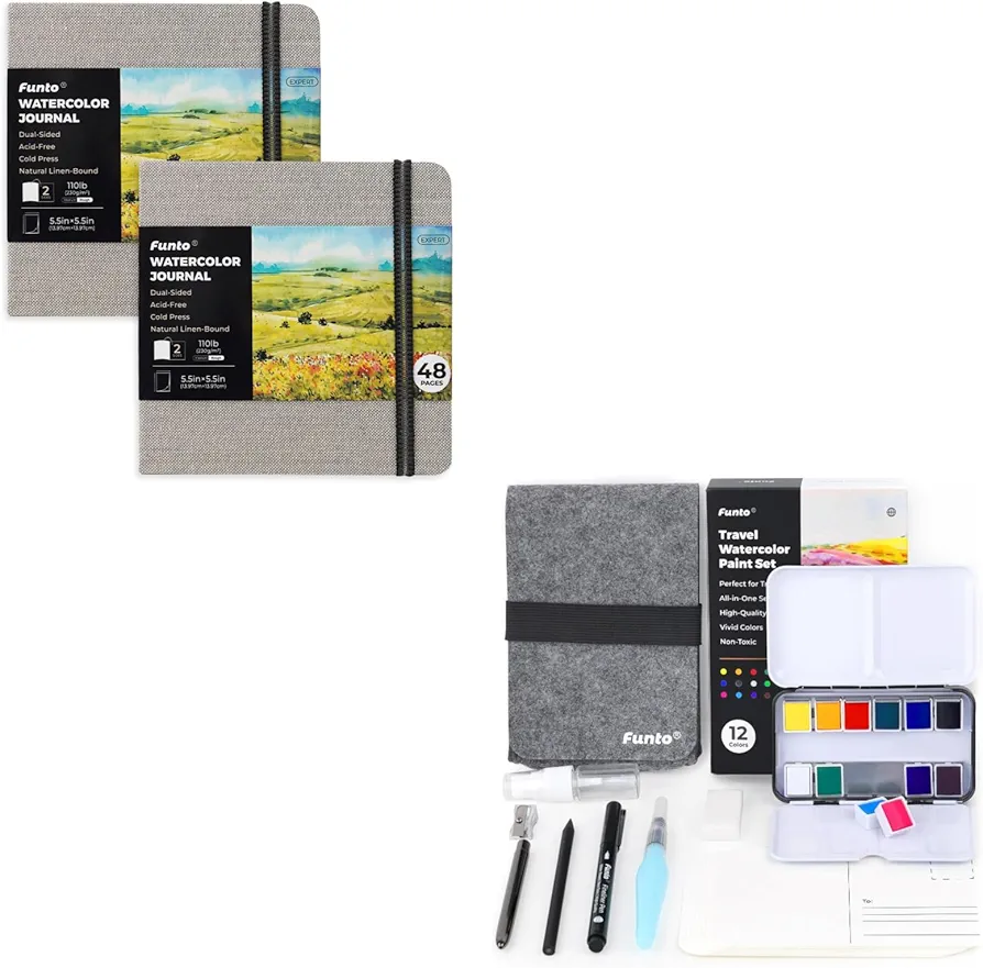 Funto Watercolor Artist Bundle, Funto Watercolor Journal, Square, Gray, Dual-Sided Cold-Pressed Paper, 5.5" x 5.5" with Travel Watercolor Paint Set