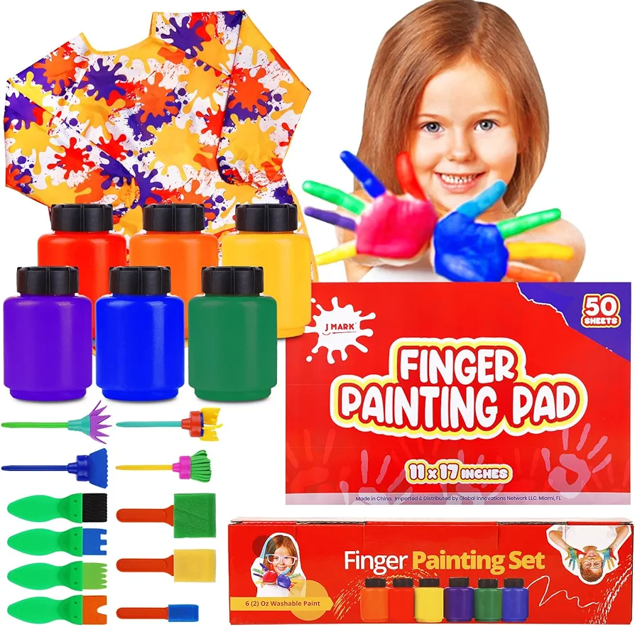 J MARK Complete Toddler Washable Finger Paint Set, Sponge Painting Tools, Large Finger Paint Pad, Tempera Finger Paints, Smock and More