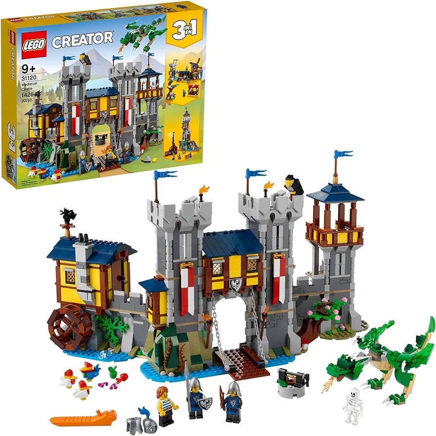 LEGO Creator 3 in 1 Medieval Castle Toy, Transforms from Castle to Tower to Marketplace, includes Skeleton and Dragon Figure, with 3 Minifigures and Catapult, 31120