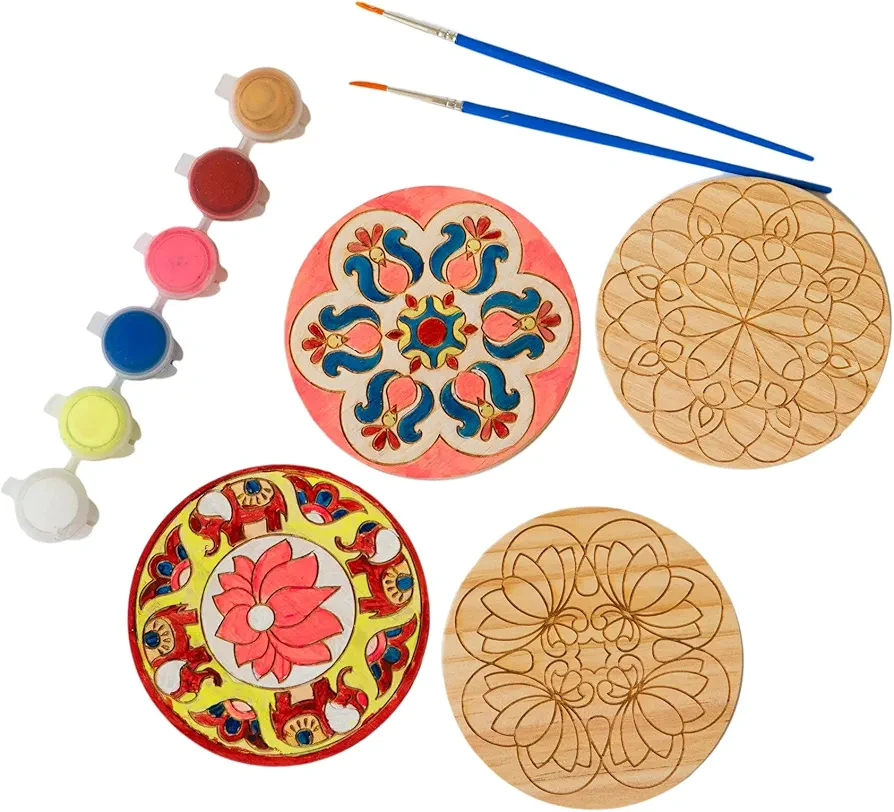 Make Your Own Rangoli Coaster Kit - DIY 4 Wooden Coasters, Kulture Khazana, Use for Holi Activity, Party Or Decoration