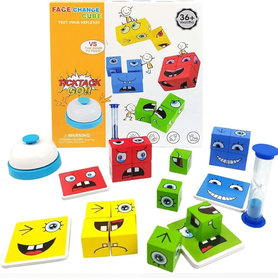 Face-Changing Magic Cube Building Blocks, Large Wooden Face Expression Puzzle Building Cubes Manipulatives Face Changing Magic Cube Game, Match Puzzles Geometric Educational Toys for Kids and Adults