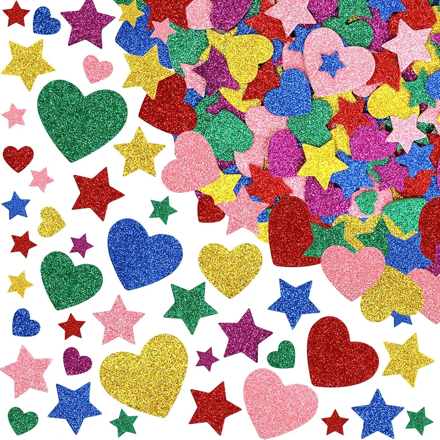 Glitter Foam Stickers for Kids Crafts Colorful Heart Star Shape Stickers for School Arts Projects Supplies Greeting Card Scrapbook Decorations 300Pcs