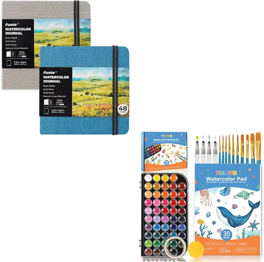 Funto Watercolor Artist Bundle, Funto Watercolor Journal, Square, Blue and Gray, Dual-Sided Cold-Pressed Paper, 5.5" x 5.5" with Watercolor Paint Set