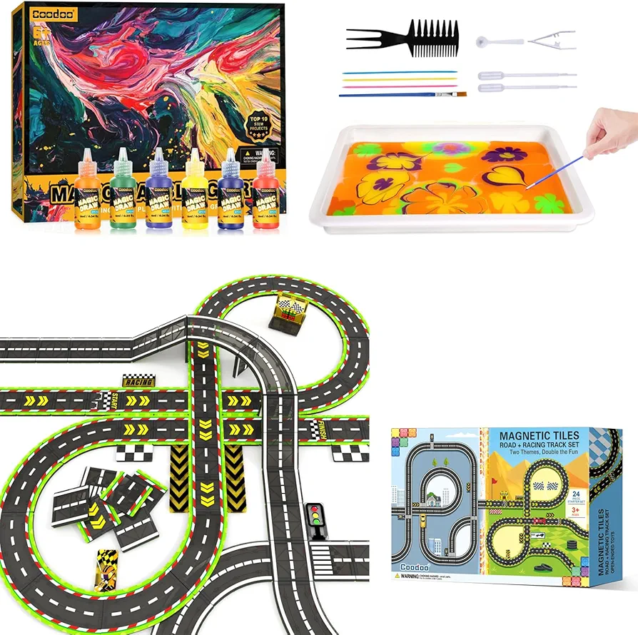 25PCS Magnetic Tiles Racing Track & City Road Expansion Pack - Kids Toys STEM Learning Montessori Toys for Toddler Magnetic Blocks Building Toys for 3+ Year Old Boys & Girls, Sensory Play Kids Toys