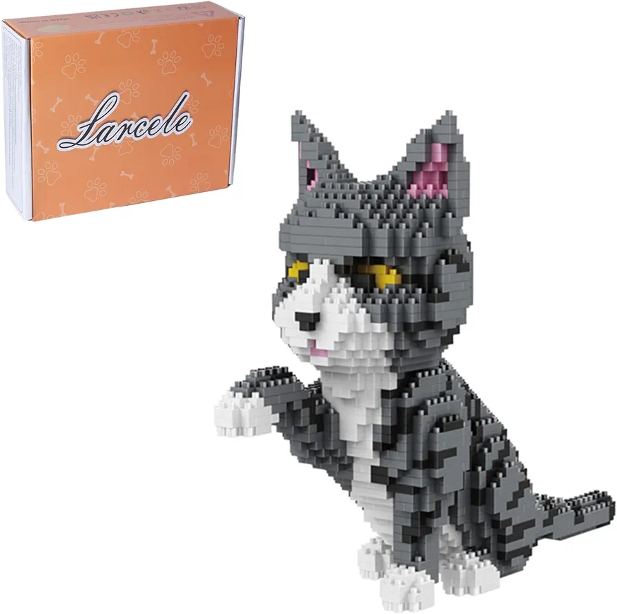 Larcele Cat Mini Building Blocks Animal Set, DIY Micro 3D Building Toy Bricks,1300 Pieces KLJM-05(Grey and White Cat)