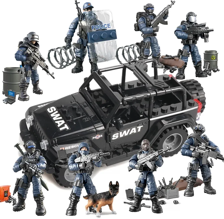 8 PCS Building Block City Policeman Mini-Figures with Multiple Military Weapons Accessories SWAT Equipment Military Vehicle Army Car Assembly Building Toys Gift for Boys