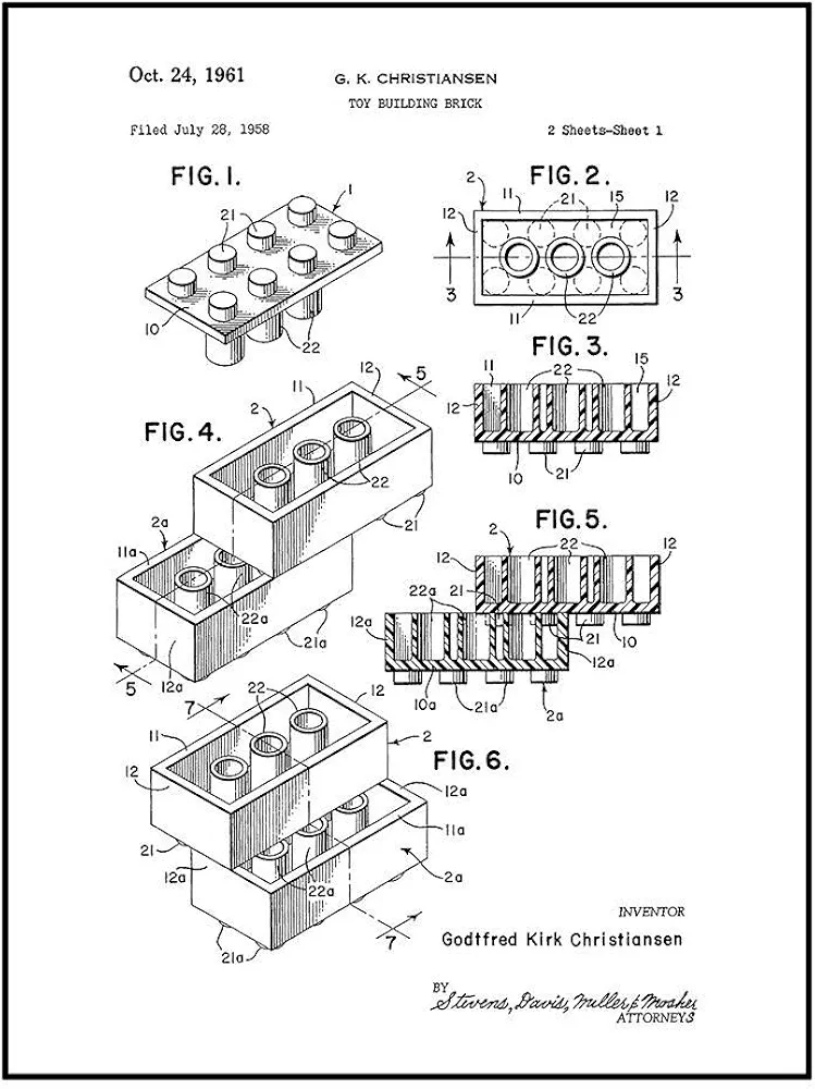 Building Block Toy Building Block Patent Print Black Ink on White with Border (5" x 7") M10203